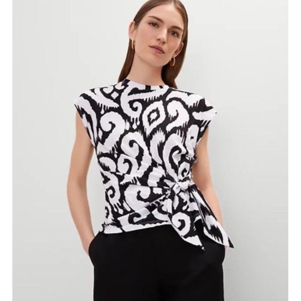 Ann Taylor Tie Waist T-Shirt Ikat Print 100% Cotton Black White Size Medium NWTs